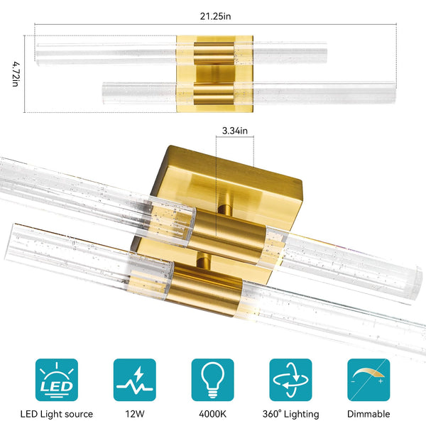 Crystal LED Bathroom Vanity Light Fixtures 2-Pack Gold 21.25in