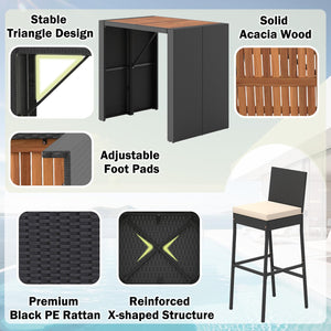 5-Piece Outdoor Wicker Bar Set with Acacia Wood Table & Cushioned Stools