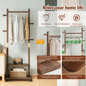 Solid Wood Coat Rack with 2-Tier Shelves, 5 Hooks & Wheels