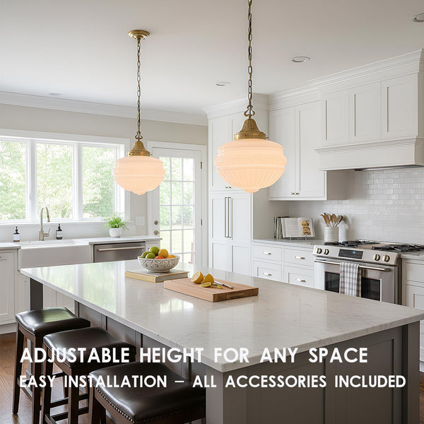 Vintage Milk Glass Pendant Light with Antique Brass Finish – 13.8" Shade, E26