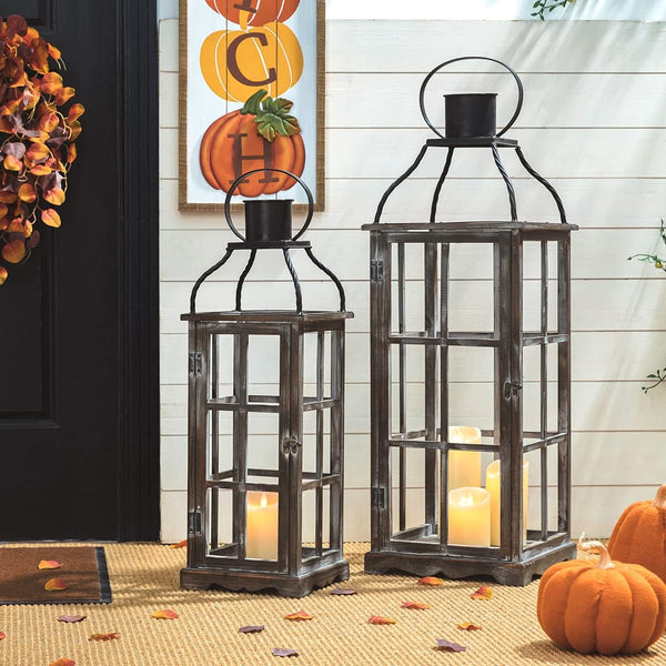 Farmhouse Wooden Candle Lanterns Set of 2 – Indoor & Outdoor Decorative Floor Lanterns