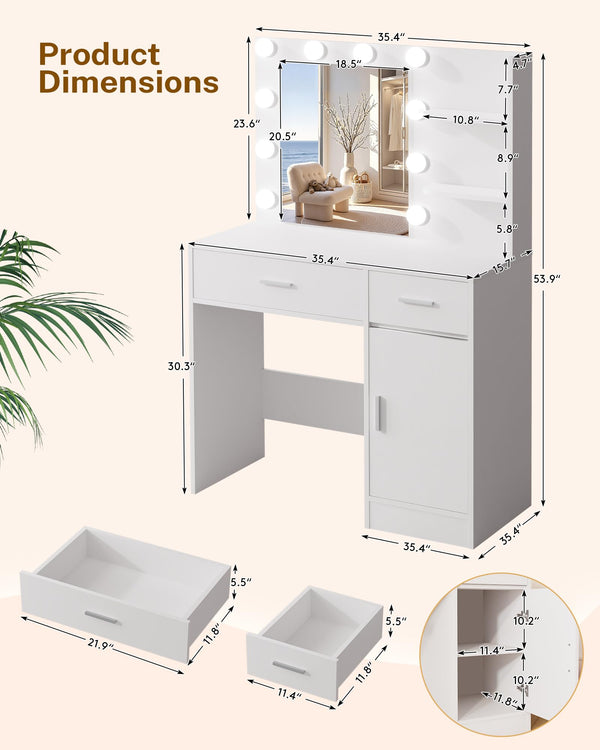 Makeup Vanity Desk with Hollywood Lights, Mirror & Storage