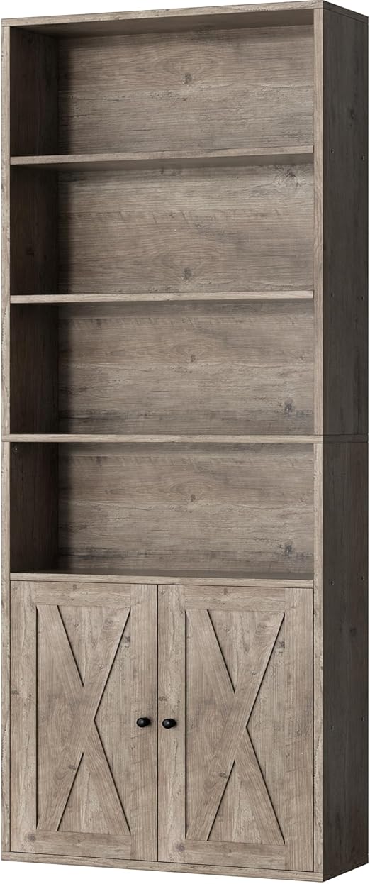 6-Shelf Bookcase with Doors – Metal & Wood Display Storage Shelf