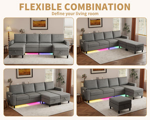 U-Shaped Sectional Sofa with RGB LED Light & USB Charging