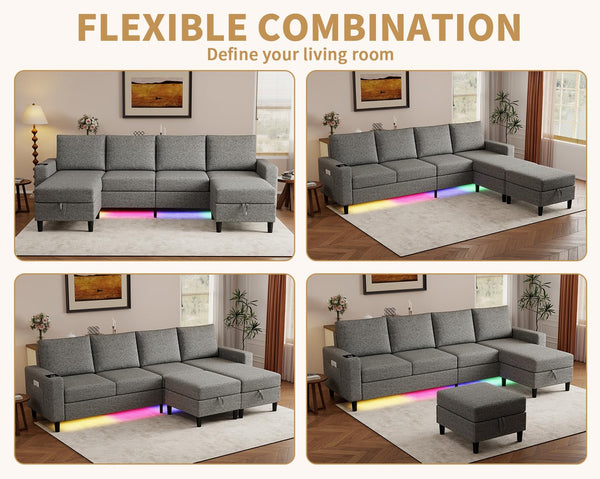 U-Shaped Sectional Sofa with RGB LED Light & USB Charging