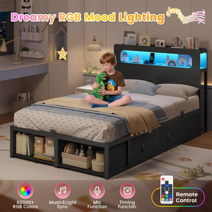 Twin Storage Bed Frame with LED Headboard & Power Outlets