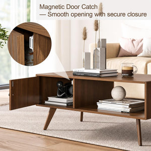 Manora Mid Century Modern Coffee Table with Storage Cabinet and Open Shelf, Wooden Living Room Table with Fluted Drawer and Solid Wood Legs, Walnut Finish Center Table for Small Spaces