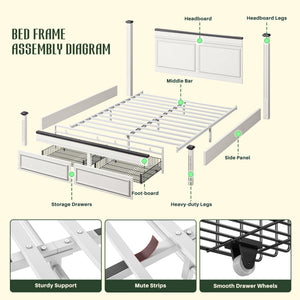 Queen Size Bed Frame with Storage Drawers and Upholstered Headboard
