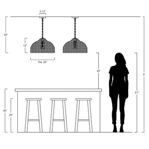 Rattan & Iron Dome Pendant Light – Adjustable Height, LED Included