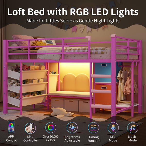 Twin Size Low Loft Bed with LED Lights, Bookshelf & Storage