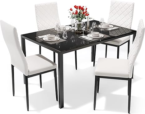 5-Piece Tempered Glass Dining Table Set with PU Leather Chairs