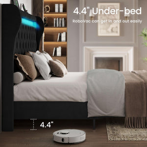 Upholstered Velvet Platform Bed Frame with LED Lights & Charging Ports