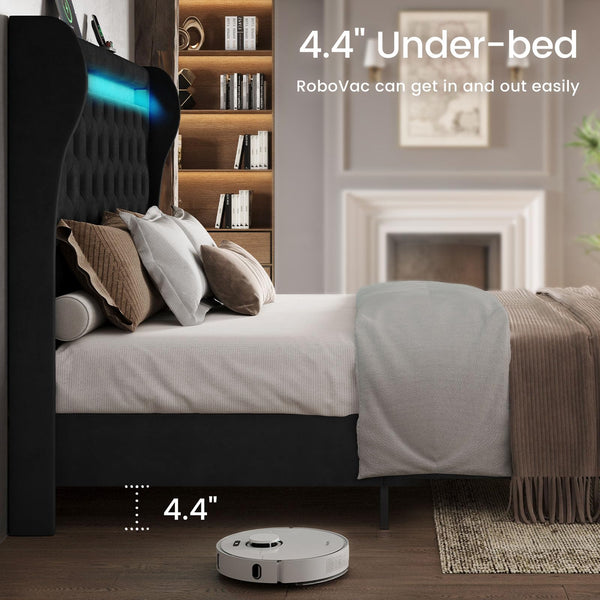 Upholstered Velvet Platform Bed Frame with LED Lights & Charging Ports