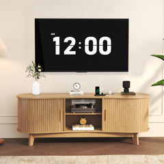 Mid Century Modern TV Stand with Sliding Doors and Power Outlet