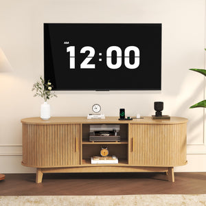 Mid Century Modern TV Stand with Sliding Doors and Power Outlet