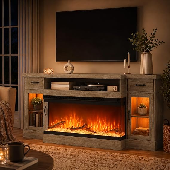 70" Electric Fireplace TV Stand with 3-Sided Glass
