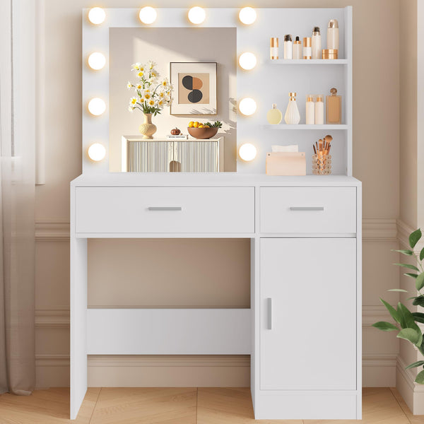 Makeup Vanity Desk with Hollywood Lights, Mirror & Storage
