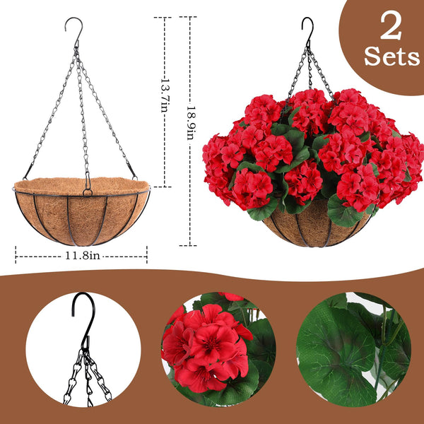 Artificial Geranium Hanging Baskets with Silk Flowers – Set of 2
