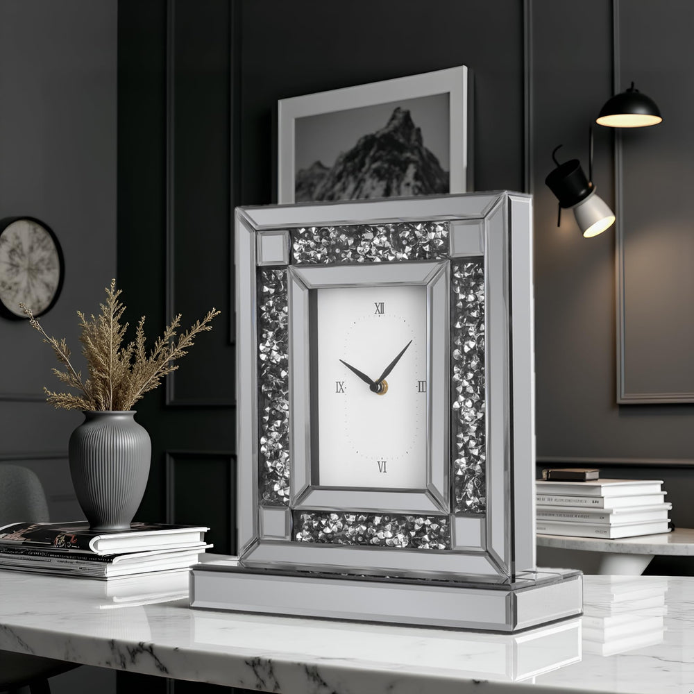 Mirrored Desk Clock with Crystal Accents & Roman Numerals