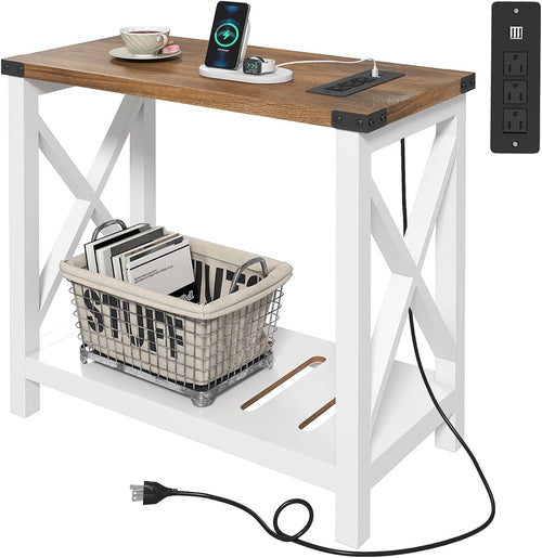 Farmhouse End Tables Set of 2 with Charging Station & Storage Shelf