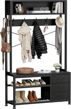 6-in-1 Hall Tree with Bench, 12 Hooks, 3 Drawers & Shoe Storage – 31.5"L x 11.8"W x 20.5"H