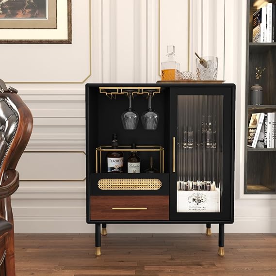 Bar Cabinet with Wine Glass Rack and Drawers