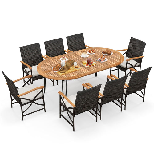 9-Piece Outdoor Wicker Dining Set with Acacia Wood Table