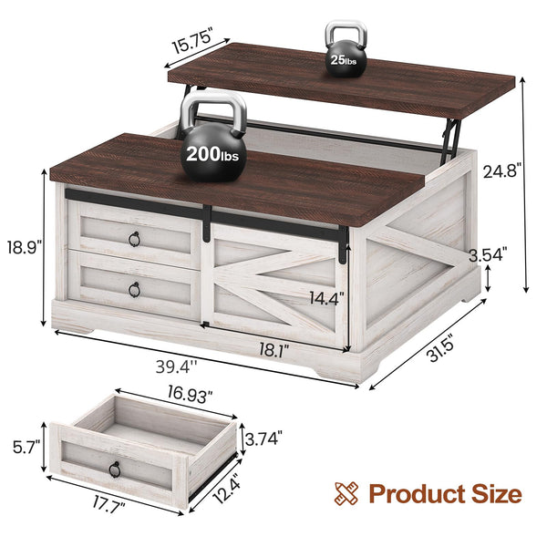 Lift Top Coffee Table with Storage, 39.4" Square, Farmhouse Style