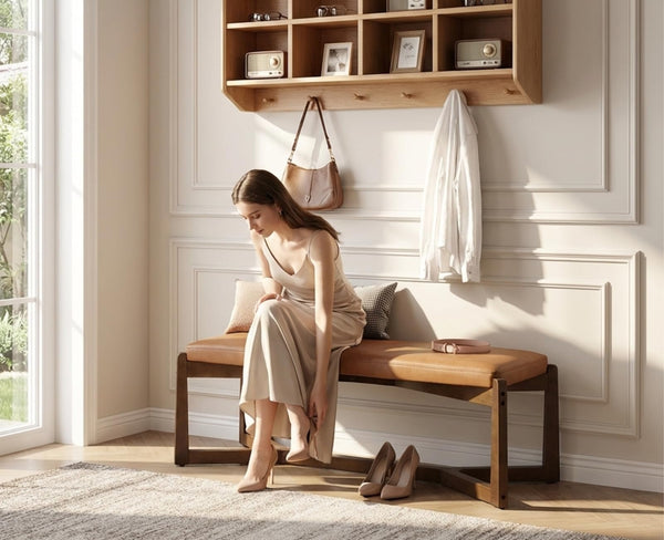 Upholstered Entryway & Bedroom Bench with Y-Leg Wood Frame