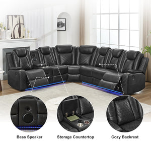 Power Reclining Sectional Sofa – Grey, 6-Seat Faux Leather with Bass Speaker & Wireless Charger
