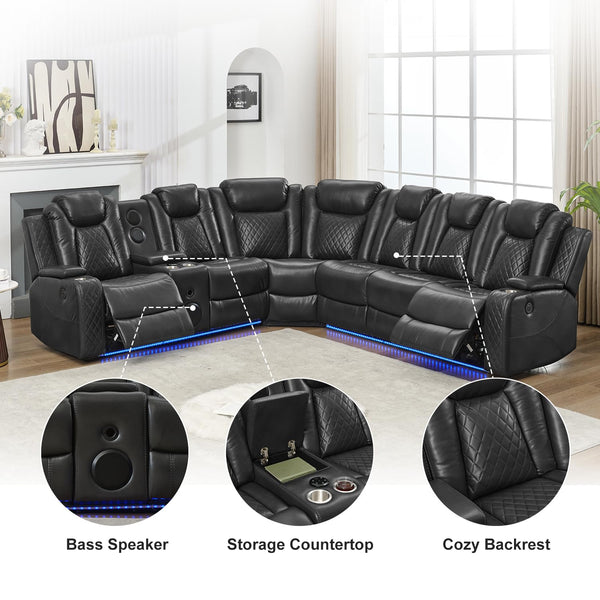 Power Reclining Sectional Sofa – Grey, 6-Seat Faux Leather with Bass Speaker & Wireless Charger