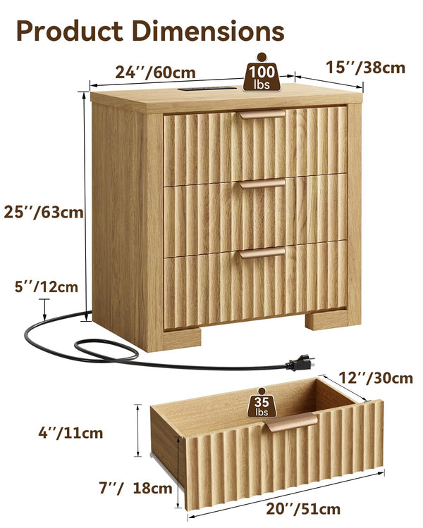 Fluted Nightstand with Charging Station & 3 Drawers – Natural Oak