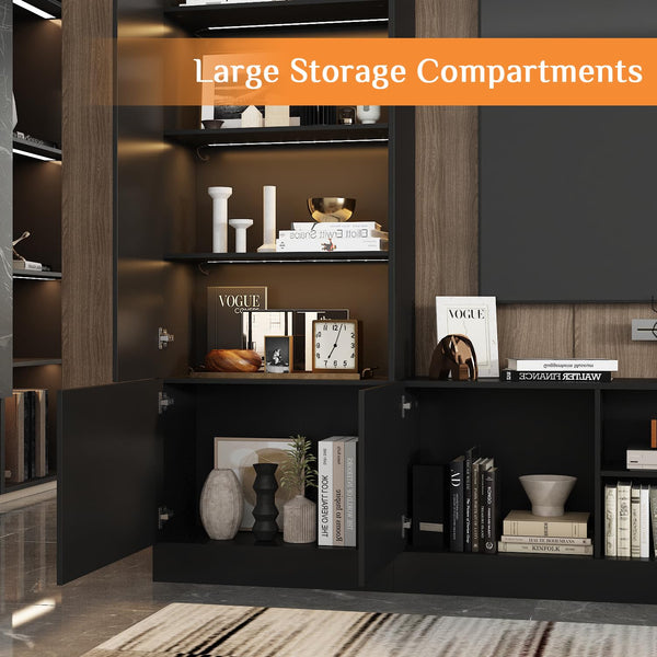 114" Wall Unit Entertainment Center with LED Lights & 18 Shelves