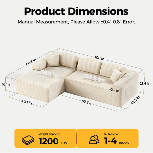 L-Shaped Sectional Sofa with Deep Seat & Storage Pockets