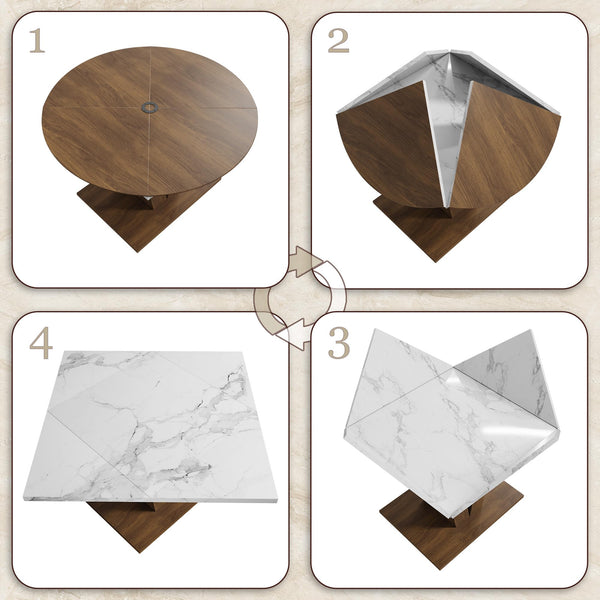 Round Extendable Dining Table with Marble Top – Walnut