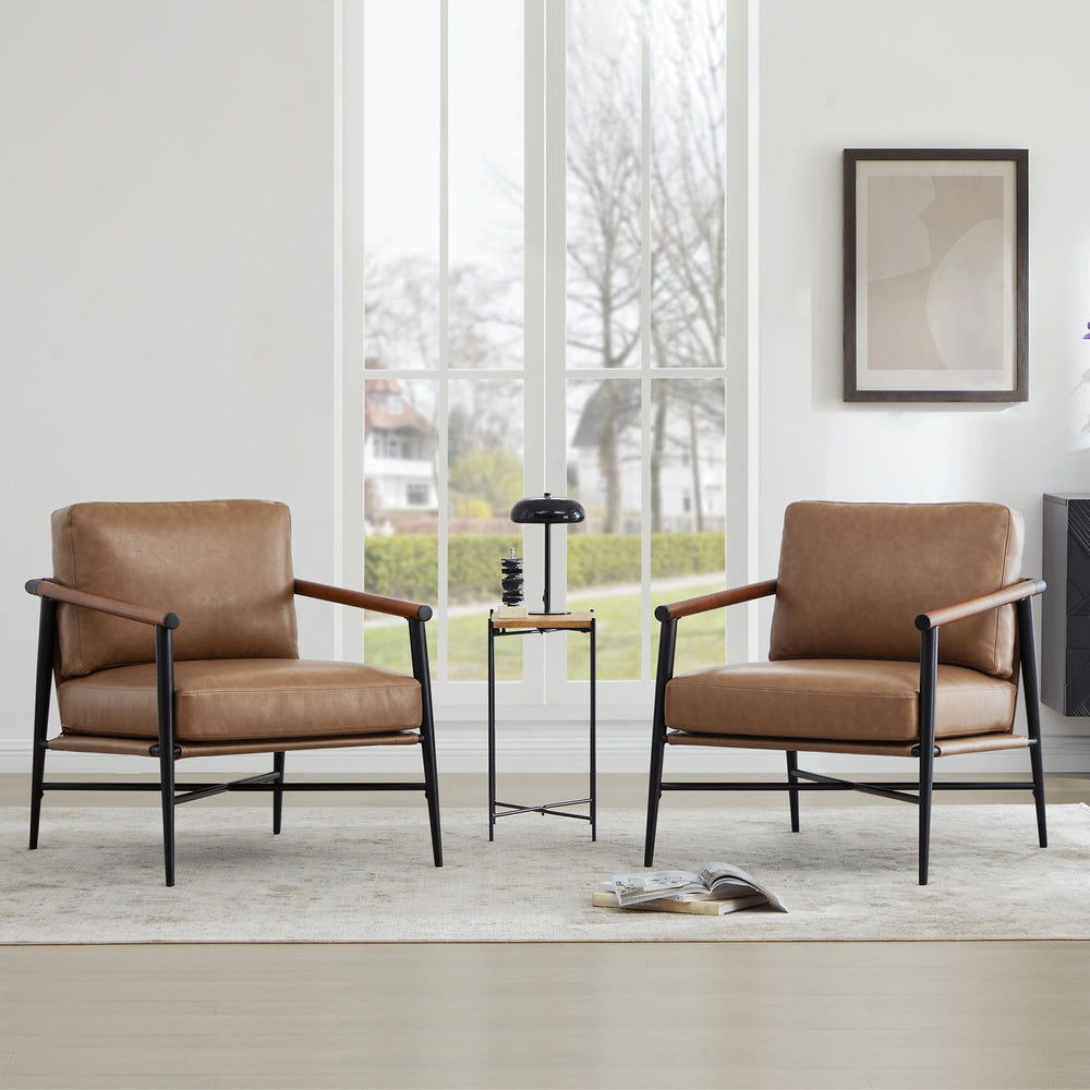 Mid-Century Modern Accent Chair Set of 2 – Faux Leather Armchair