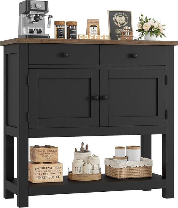 HOSTACK Farmhouse Console Table with 2-Door Cabinet & 2 Drawers, Coffee Bar, Entryway Table with Storage Shelf, Sofa Tables Buffet Sideboard for Kitchen, Hallway, Dining, Living Room, White