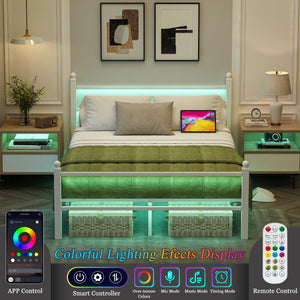Full Size Bed Frame with LED Lights & Charging Station