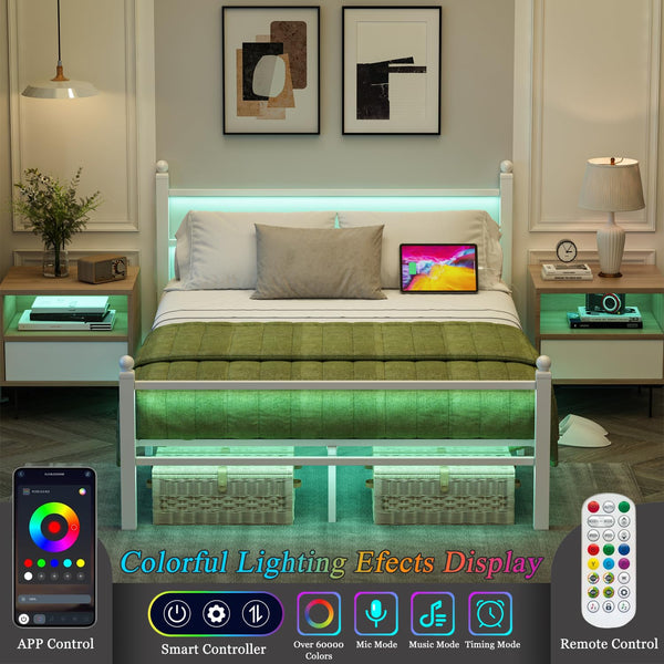 Full Size Bed Frame with LED Lights & Charging Station