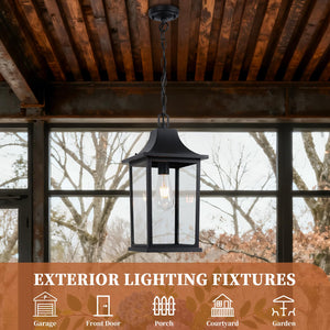 Large Outdoor Pendant Light – Black Aluminum Hanging Lantern with Adjustable Chain