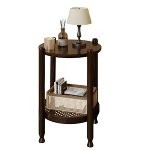 2-Tier Round End Table with Rattan Storage Shelf