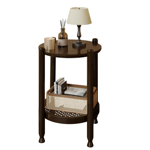 2-Tier Round End Table with Rattan Storage Shelf