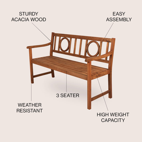 Acacia Wood Outdoor Garden Bench, 3-Seat Circle-Back, 51.2"