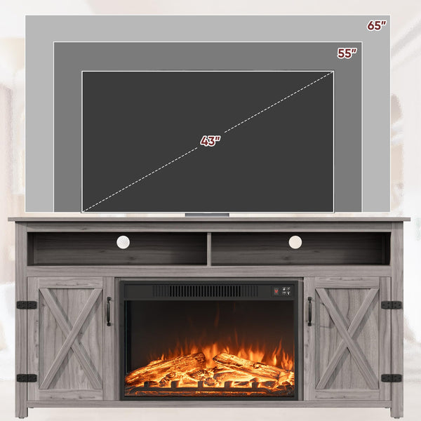 Fireplace TV Stand with Storage & Barn Doors – Grey
