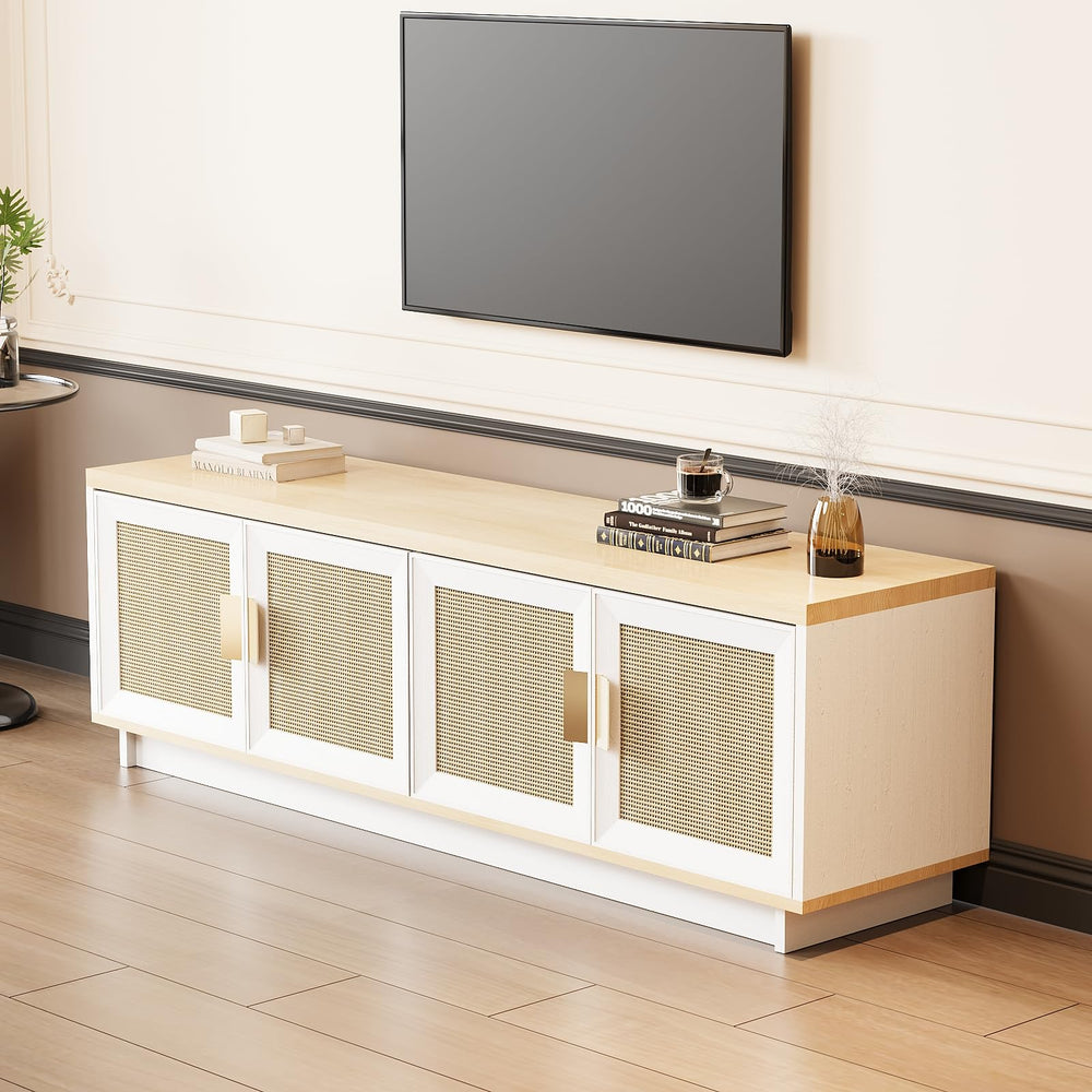 PROXRACER Rattan TV Stand for 65 Inch TV, Boho Media Console with 4 Woven Cane Doors, Modern Farmhouse Entertainment Center, Low Profile TV Cabinet with Storage for Living Room, White & Light Wood