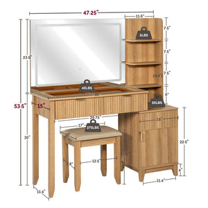 Vanity Desk with Stool, LED Mirror & Power Outlet