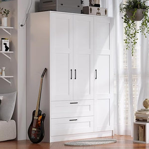 3-Door Wooden Wardrobe Closet with Shelves and Drawers – White