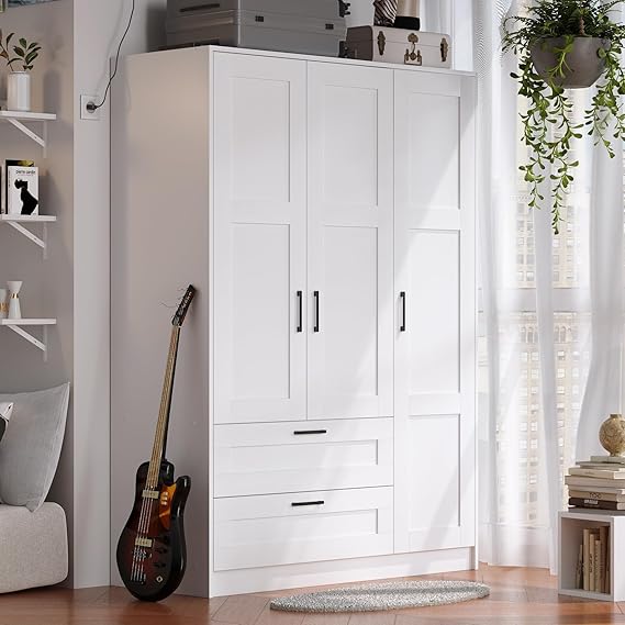 3-Door Wooden Wardrobe Closet with Shelves and Drawers – White