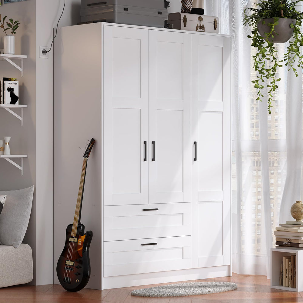3-Door Wooden Wardrobe Closet with Shelves and Drawers – White