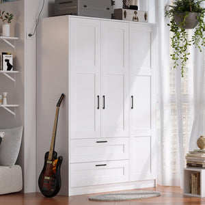 3-Door Wooden Wardrobe Closet with Shelves and Drawers – White